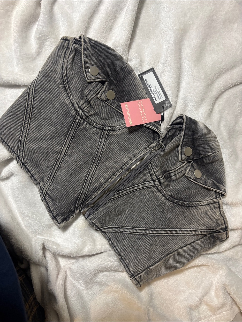 Cropped Denim Zip Front Bustier Top - Gray